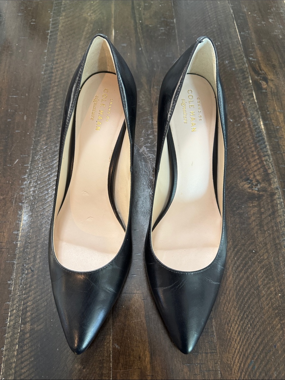 Cole Haan Black Pointed Leather Pumps with Nude Insole size 10 VGU
